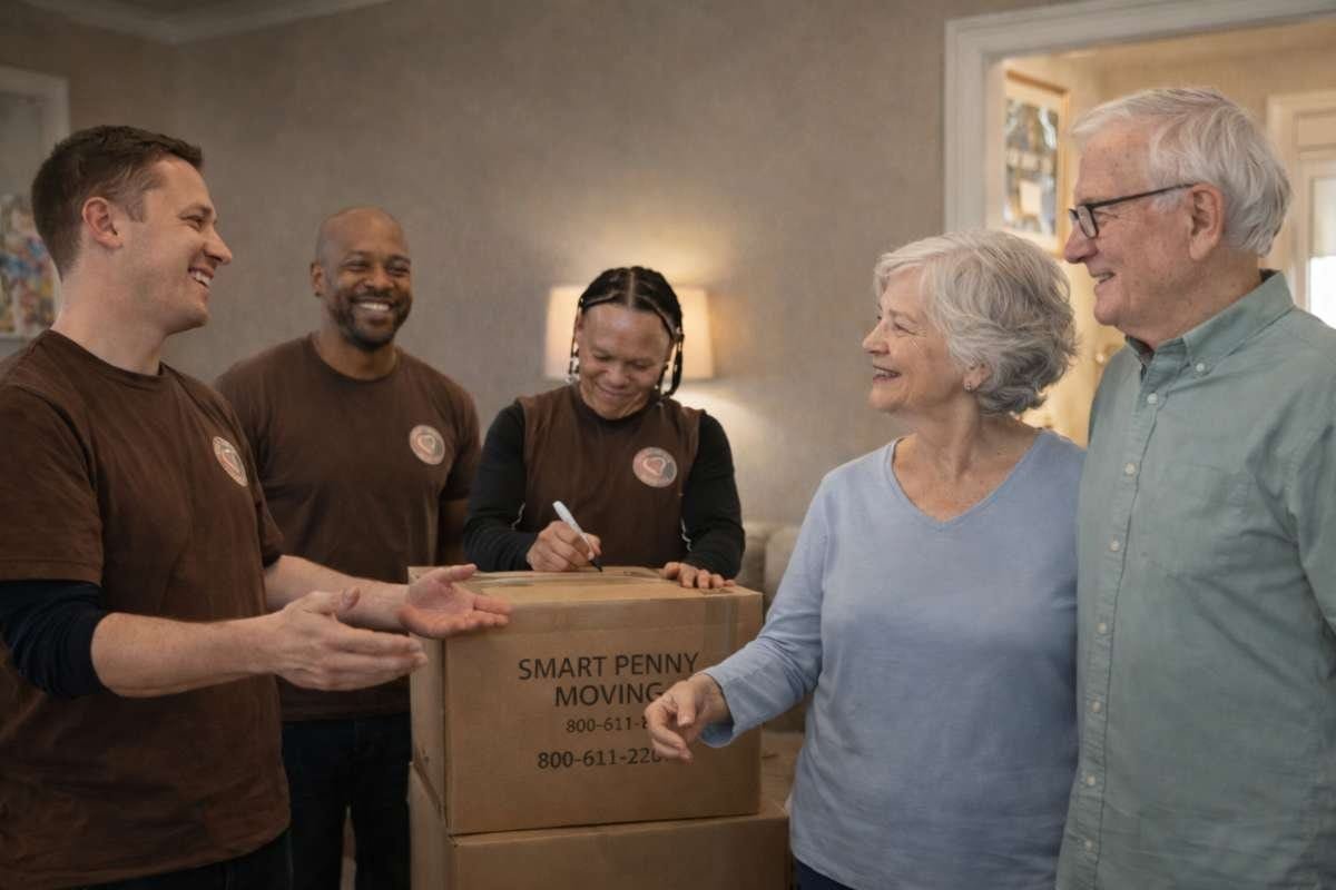 Smart Penny Moving crew talking with a senior couple beside a labeled moving box in their home