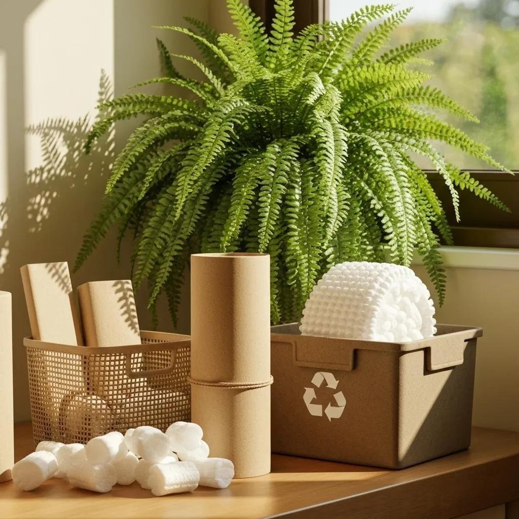 Eco-friendly packing materials including biodegradable peanuts and recycled paper for sustainable moving