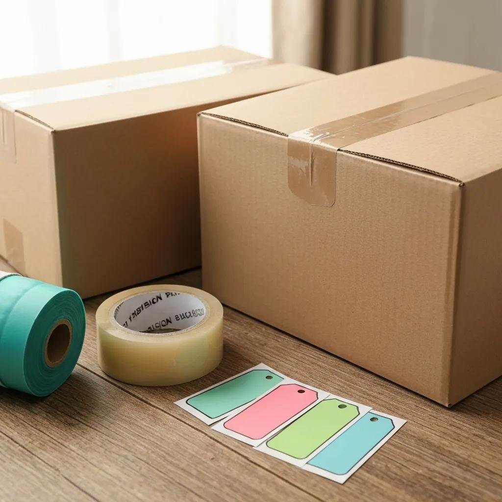 Essential packing supplies including boxes, tape, and cushioning materials for moving