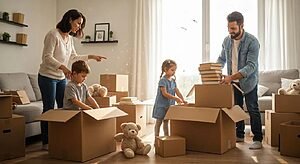 Family packing for a local move with boxes and supplies