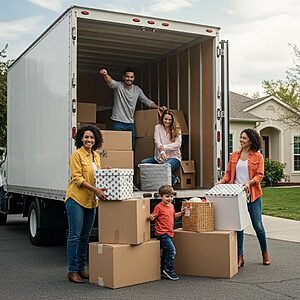 Family packing belongings into a moving truck, representing affordable movers and a stress-free moving experience