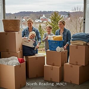 Family happily packing for a long distance move in North Reading, MA, highlighting a positive moving experience