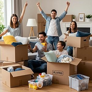 Family packing for a long distance move, showcasing a warm and organized atmosphere