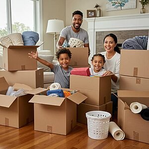 Family happily packing for a long-distance move, highlighting positive customer experiences with movers