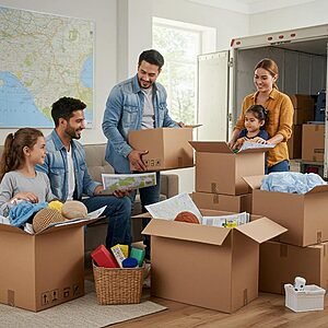 Family packing boxes for a long-distance move with a moving truck in the background