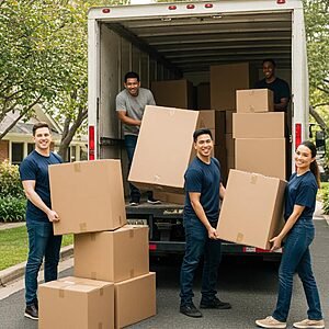 Friendly moving team efficiently loading boxes into a truck, representing budget-friendly moving solutions