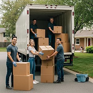 Friendly moving team loading boxes into a truck, representing affordable local moving services