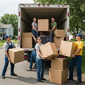 Moving team lifting boxes into a truck in a sunny suburban neighborhood