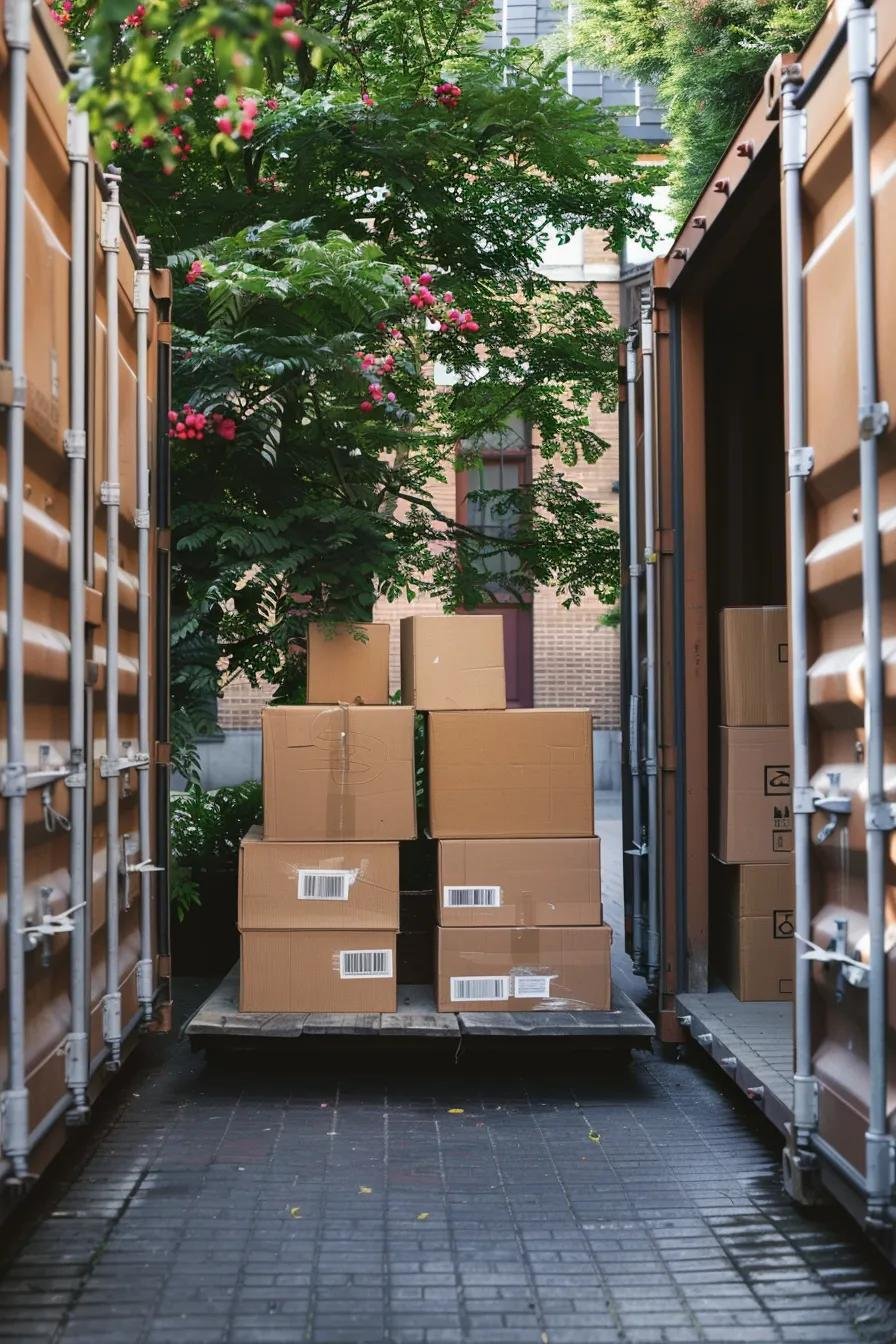 Portable storage container in a driveway with packed boxes ready for transfer