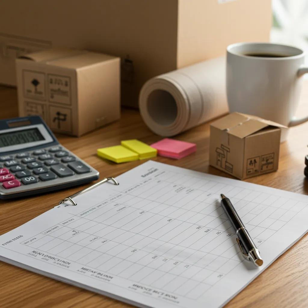 Close-up of a moving budget planner with packing materials, emphasizing financial planning for a move