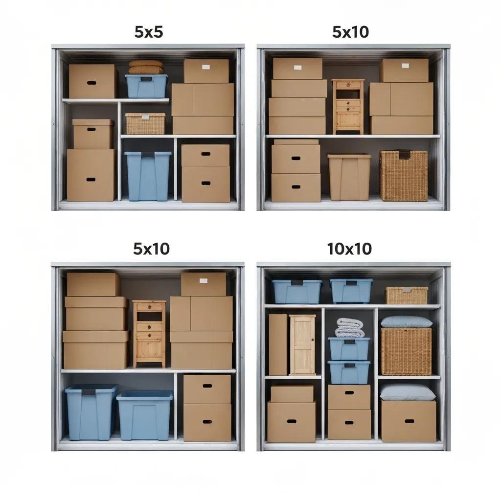 Visual comparison of storage unit sizes with sample contents