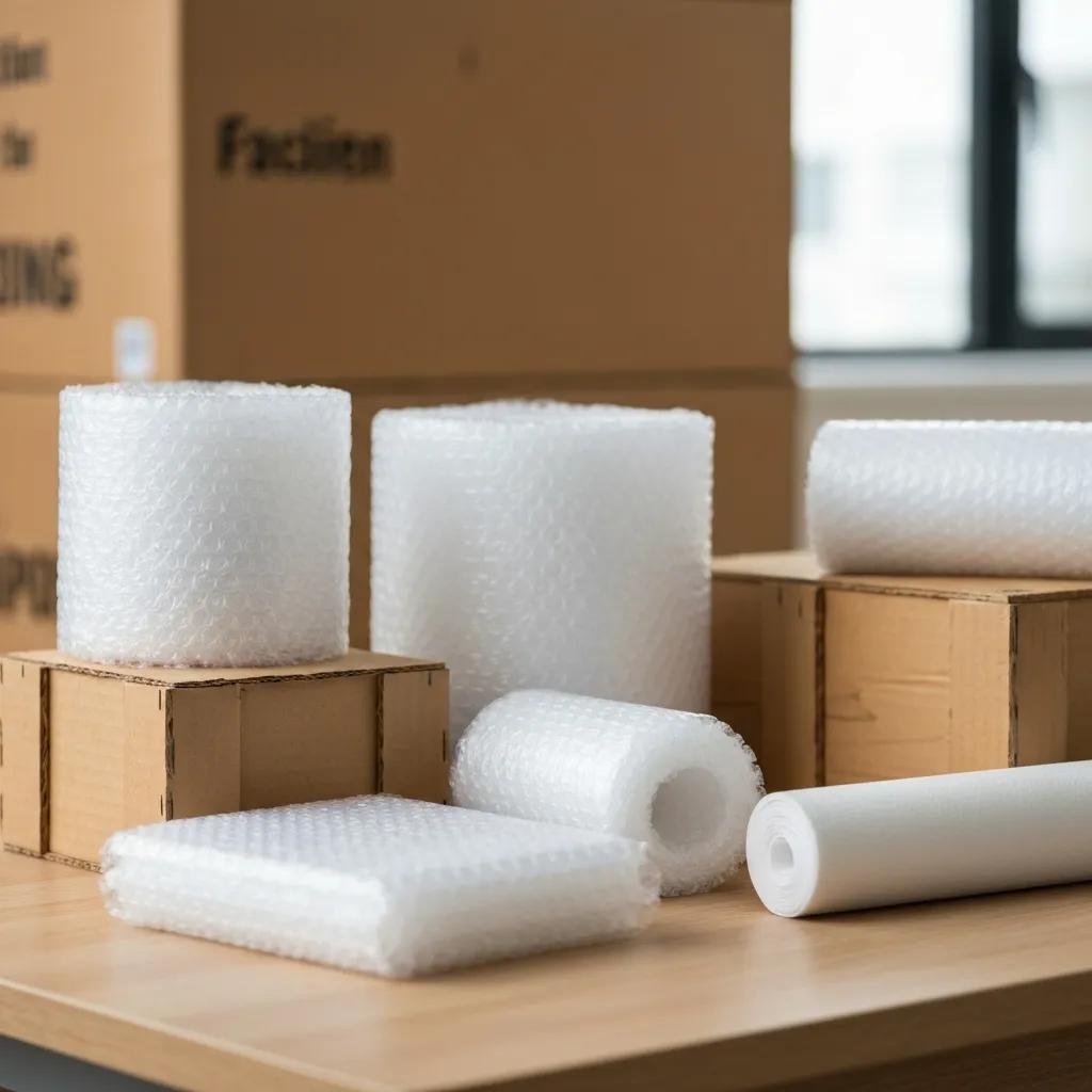 Packing supplies — bubble wrap, foam, dish packs, and custom crates — used to protect fragile items