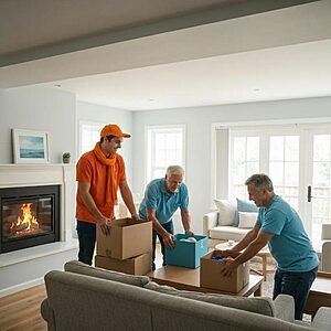 Family enjoying a positive moving experience with a moving truck and boxes