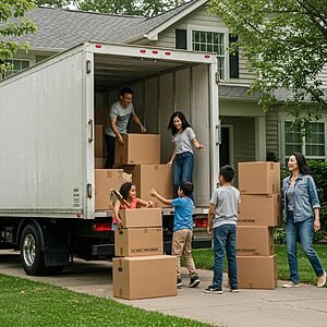 Happy family loading a moving truck, excited about their new home