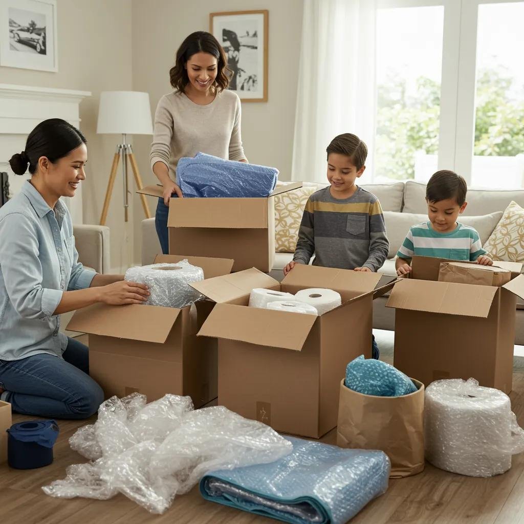 Family packing belongings for a local move with care and attention to detail