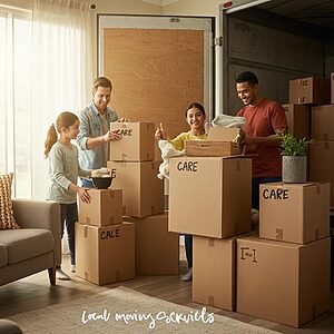 Family packing for a local move, symbolizing reliability and trust in moving services