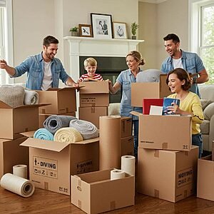 Family packing for a local move with boxes and packing materials