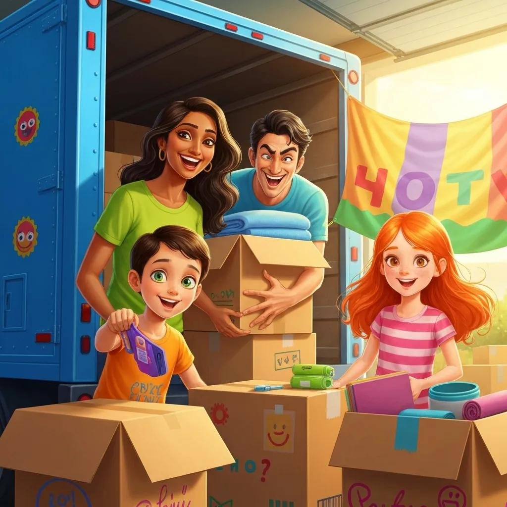 Family packing for a move, showcasing excitement and preparation for relocation