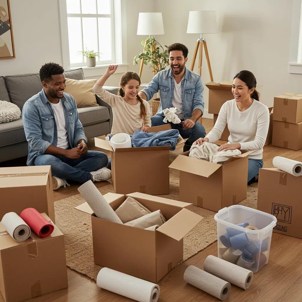 Family packing for a move, showcasing trusted movers and a positive moving experience