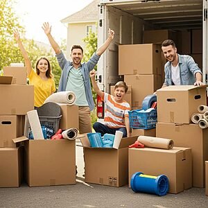 Family packing for a move with boxes and a moving truck