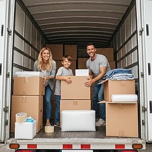 Family packing for a move with boxes and a moving truck, illustrating the excitement of relocating