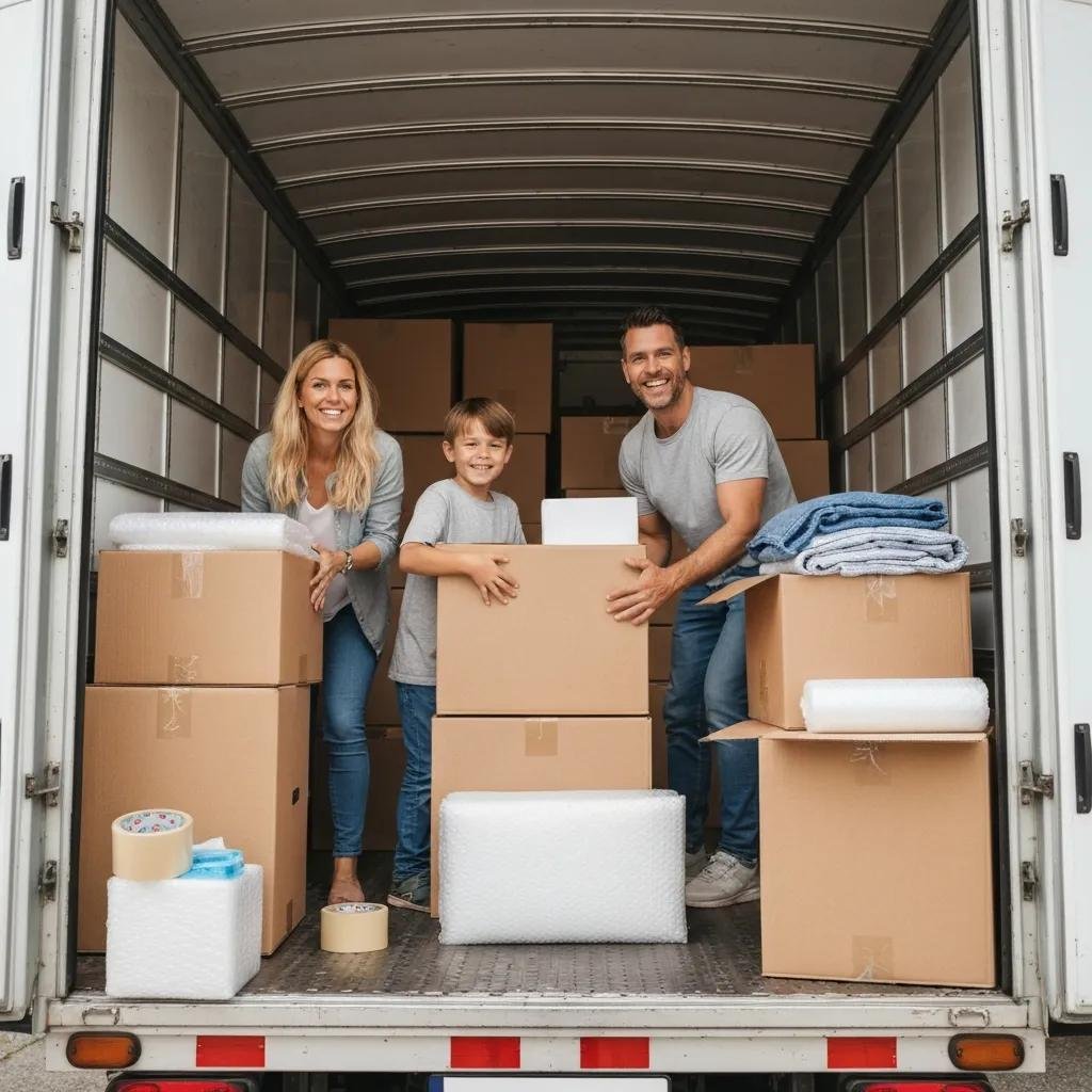 Family packing for a move with boxes and a moving truck, illustrating the excitement of relocating