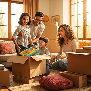 Family packing for a residential move, showcasing excitement and preparation