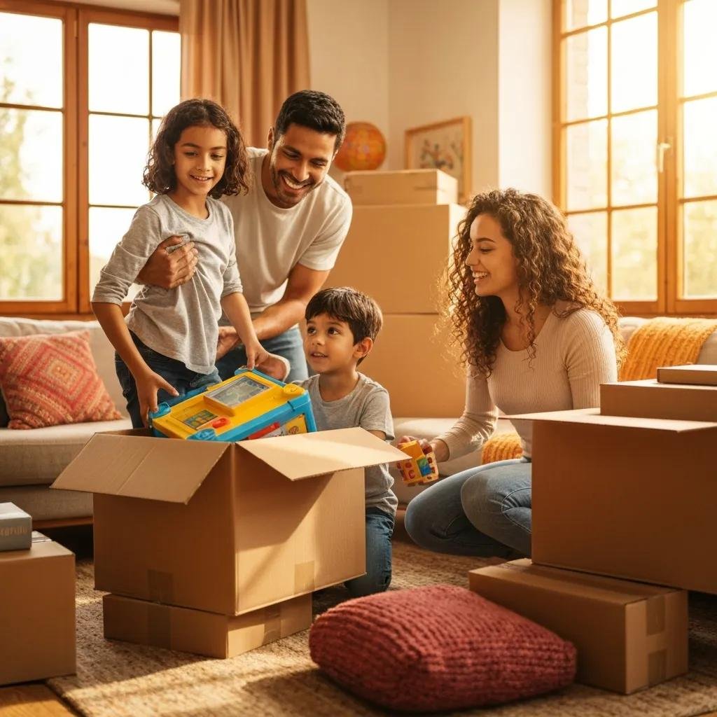 Family packing for a residential move, showcasing excitement and preparation