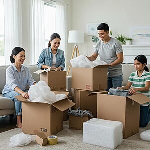 Family preparing for a move with packing boxes and materials in a bright living room