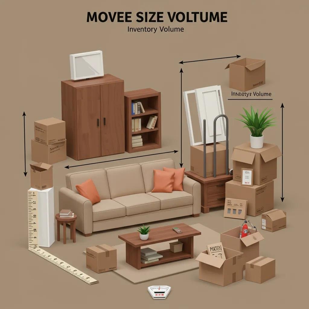 Living room with assorted furniture and boxes illustrating move size and inventory volume