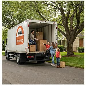 Local moving truck in a suburban neighborhood with a family loading belongings