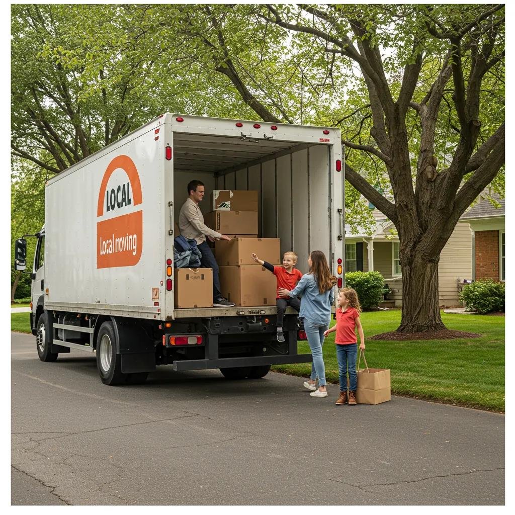 Local moving truck in a suburban neighborhood with a family loading belongings