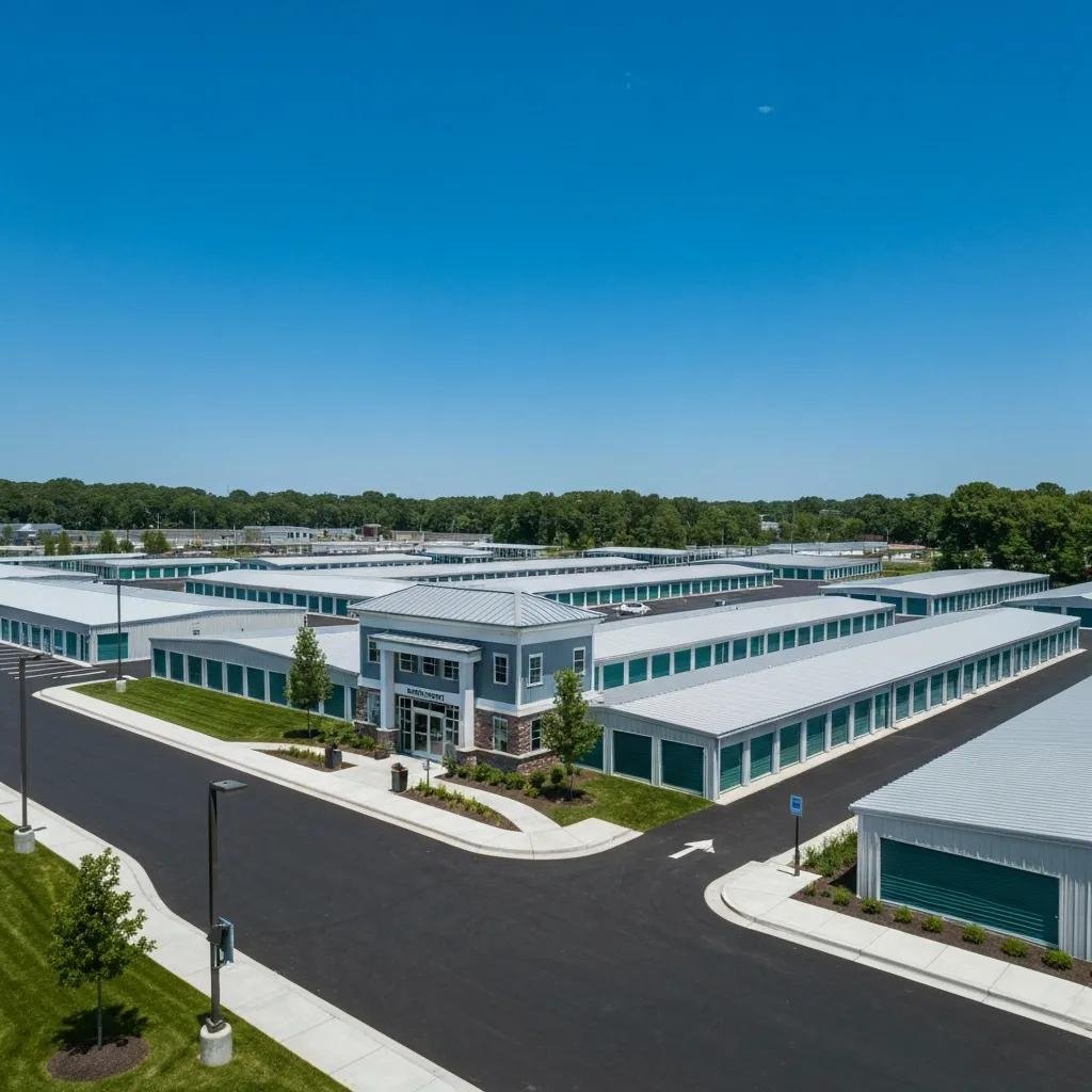 Modern storage facility in Cambridge, MA with various storage units and a clear blue sky