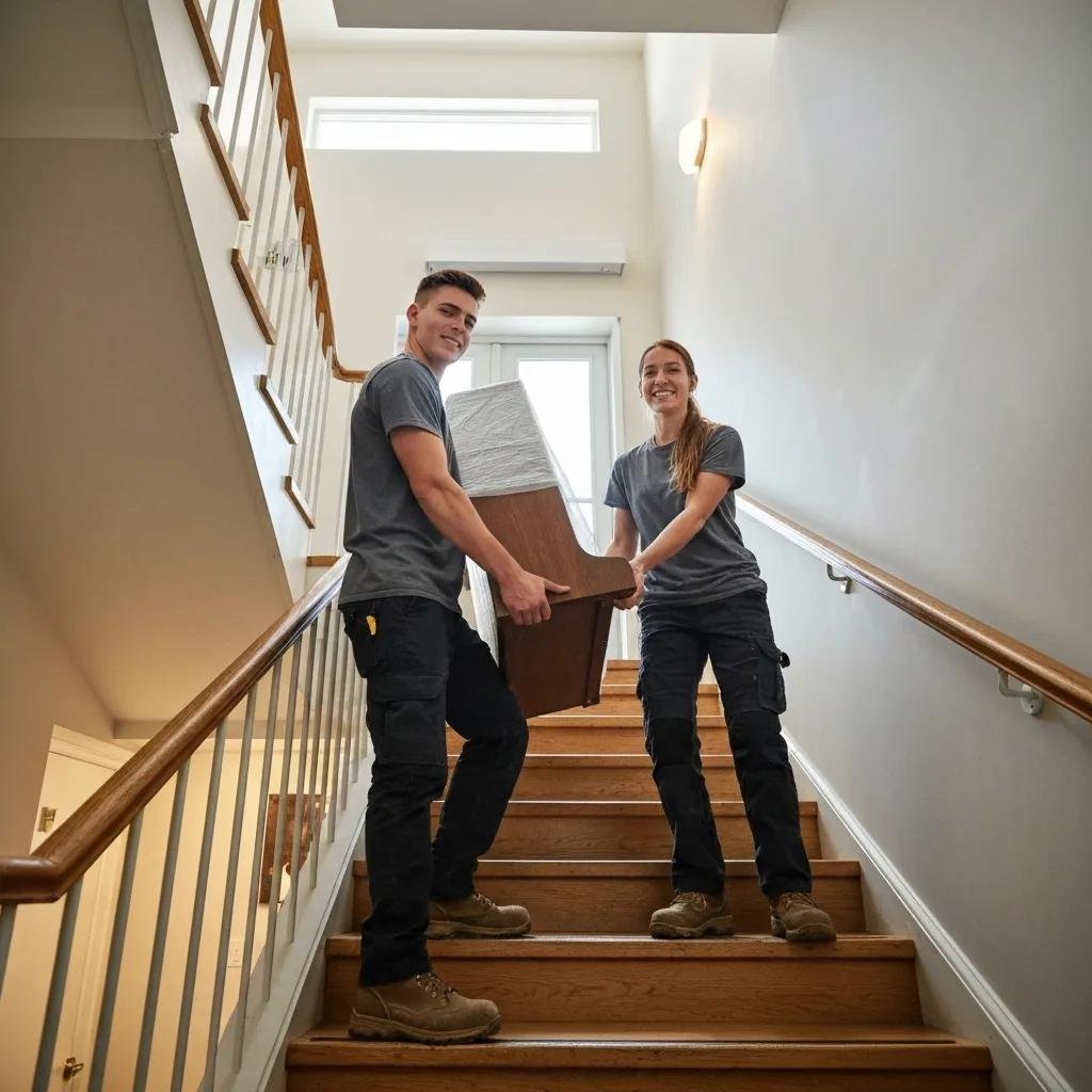 Moving crew carefully carrying furniture down a narrow staircase, showing local moving expertise