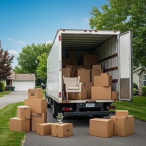 Moving truck loaded with boxes and furniture in a suburban setting, representing budget and full-service moving options