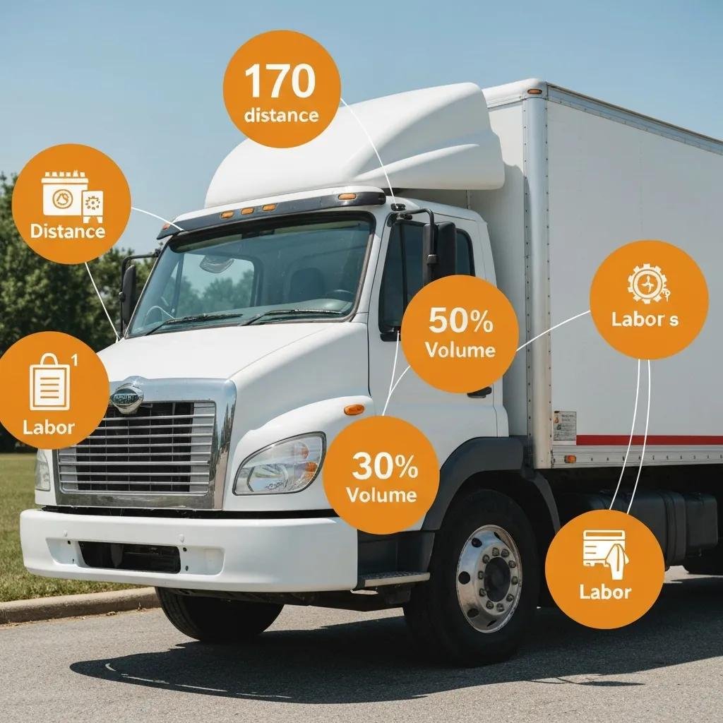 Moving truck with icons for distance, volume, and labor that affect pricing