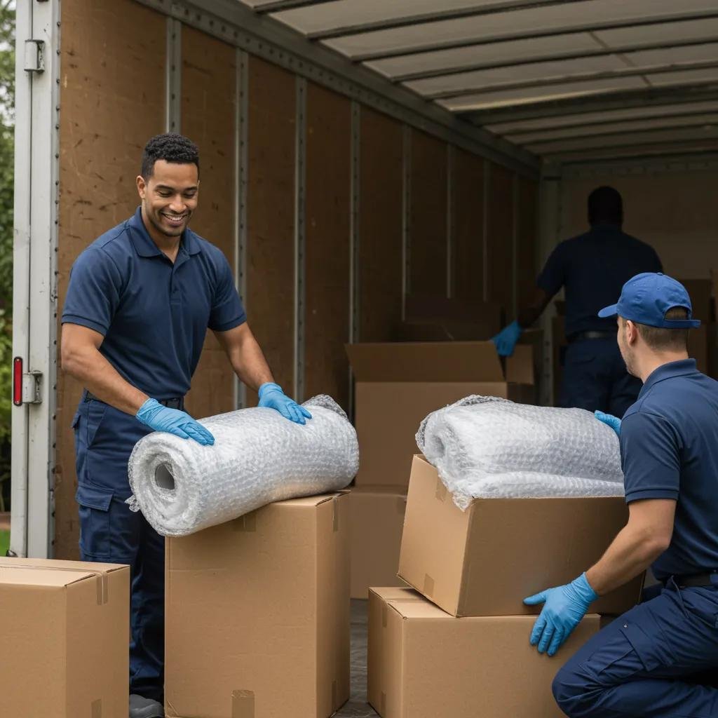 Professional movers packing and loading items into a truck, illustrating the full-service moving experience