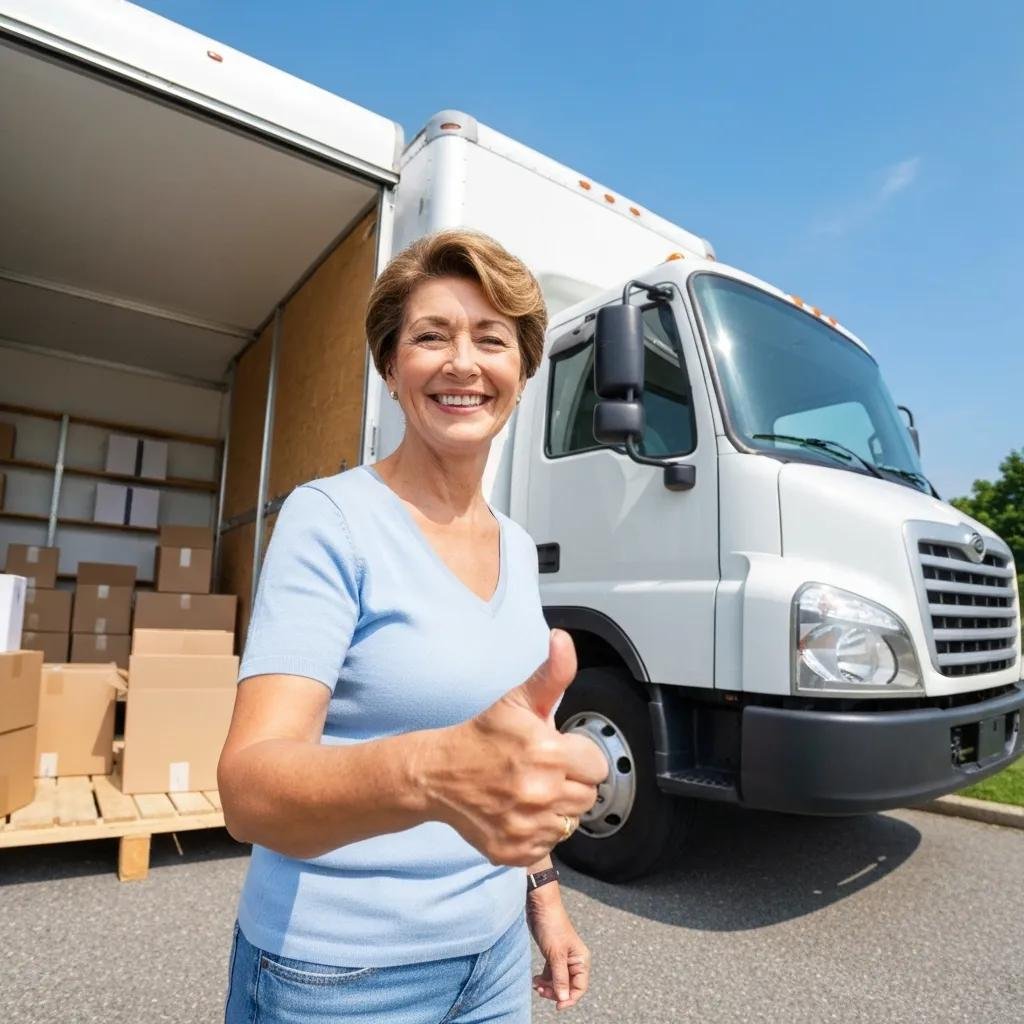 Satisfied customer giving a thumbs-up beside a Smart Penny Moving truck, showing strong customer satisfaction