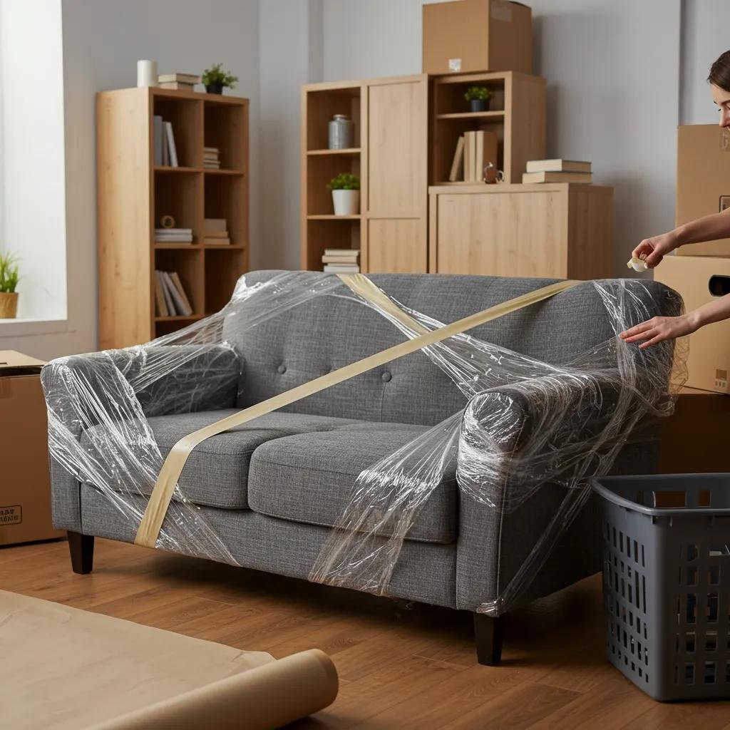 Sofa protected with a moving blanket and stretch wrap during a local move