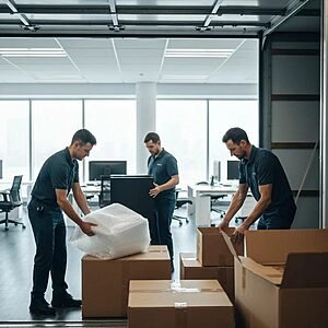 Team of commercial movers packing office equipment into a truck during a business relocation