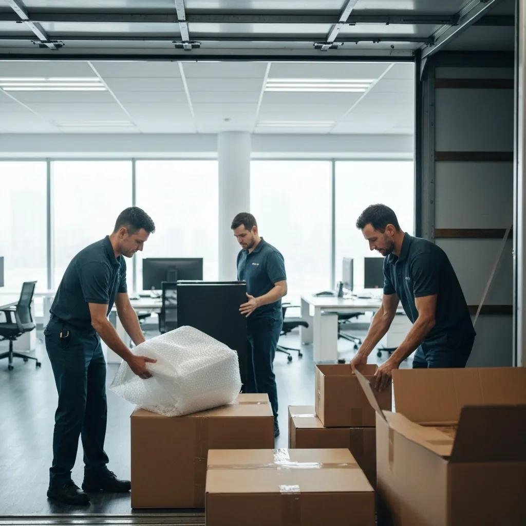 Team of commercial movers packing office equipment into a truck during a business relocation
