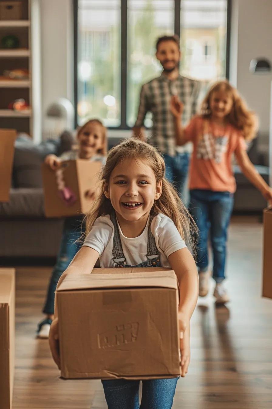 Family packing for a move, showing excitement and preparation