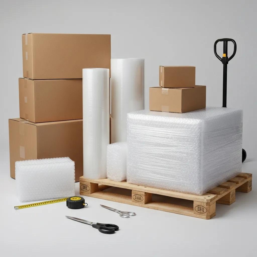 Packing supplies such as boxes, bubble wrap, and covers for storage