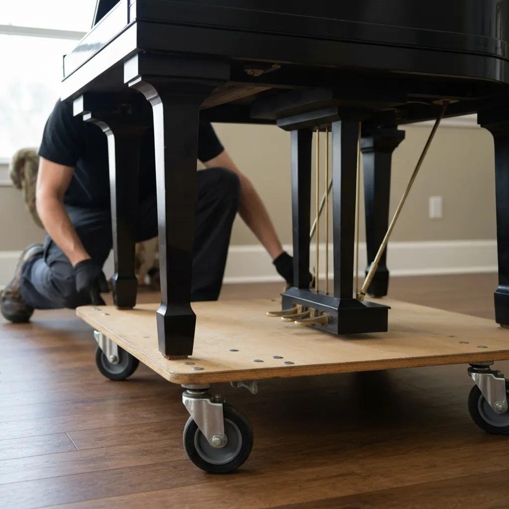 Piano dolly and padding used for moving a baby grand piano