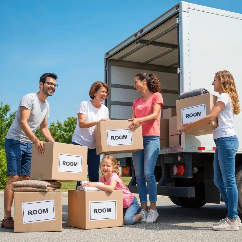 Family packing for a move, highlighting the excitement of relocation and moving company costs