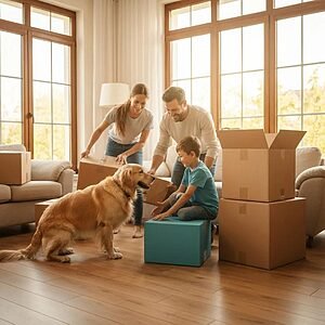 Family packing for a move in a cozy living room, emphasizing flexible moving services