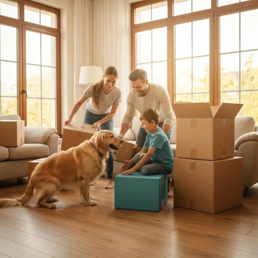 Family packing for a move in a cozy living room, emphasizing flexible moving services