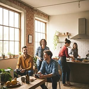 Family packing for a move with a moving truck in the background