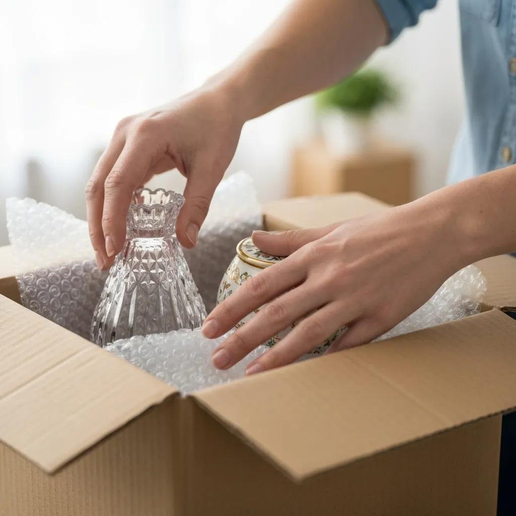 Carefully wrapping fragile items with paper and padding for storage