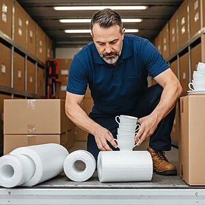 Mover packing fragile items carefully with quality materials, showing attention to detail and professionalism